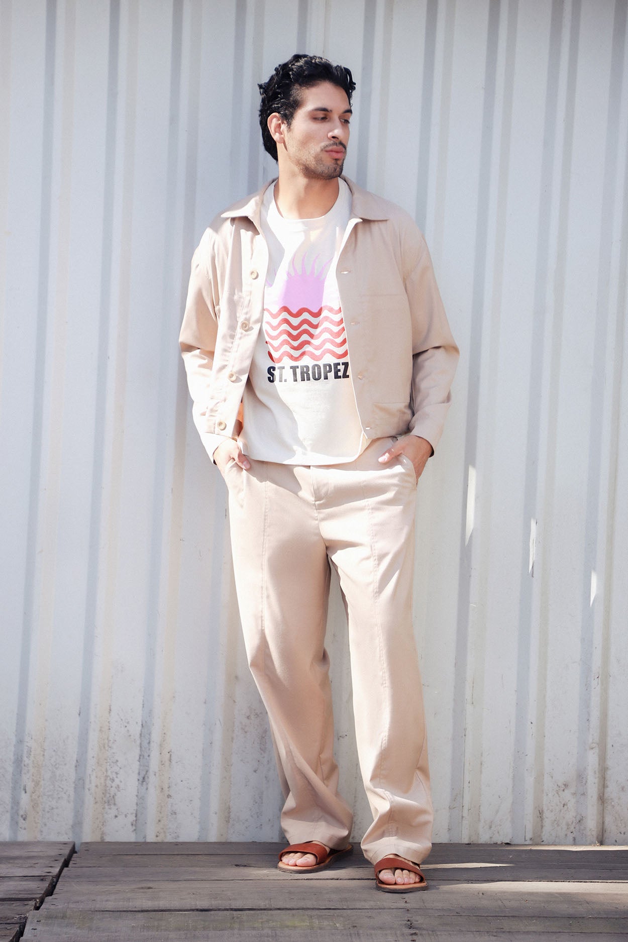 Lob Pantalón Holgado Beige Corte Recto Bolsillo Parche Hombre Moda