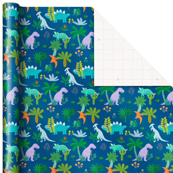 Rollo papel de regalo azul con dinosaurios, 22,5 pies cuadrados.
