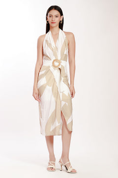 Vestido midi halter estampado mujer Con cinto de rattán LOB