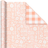 Papel de regalo reversible con letras de niña/cuadro rosa, 25 pies cuadrados.