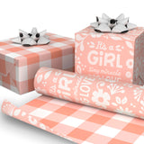 Papel de regalo reversible con letras de niña/cuadro rosa, 25 pies cuadrados.