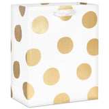 Bolsa de regalo mediana con puntos dorados sobre blanco de 9,6"