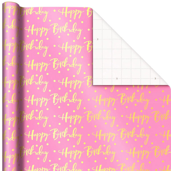 Rollo de papel de regalo de feliz cumpleaños de aluminio rosa, 15 pies cuadrados.